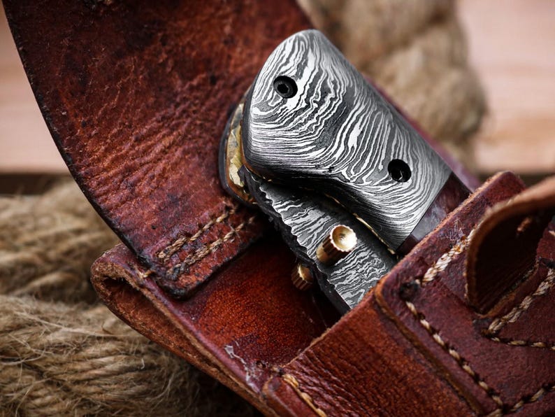 Custom Handmade Damascus Steel Folding Pocket Knife with Genuine Leather Pouch – Hand-Forged EDC & Outdoor Knife