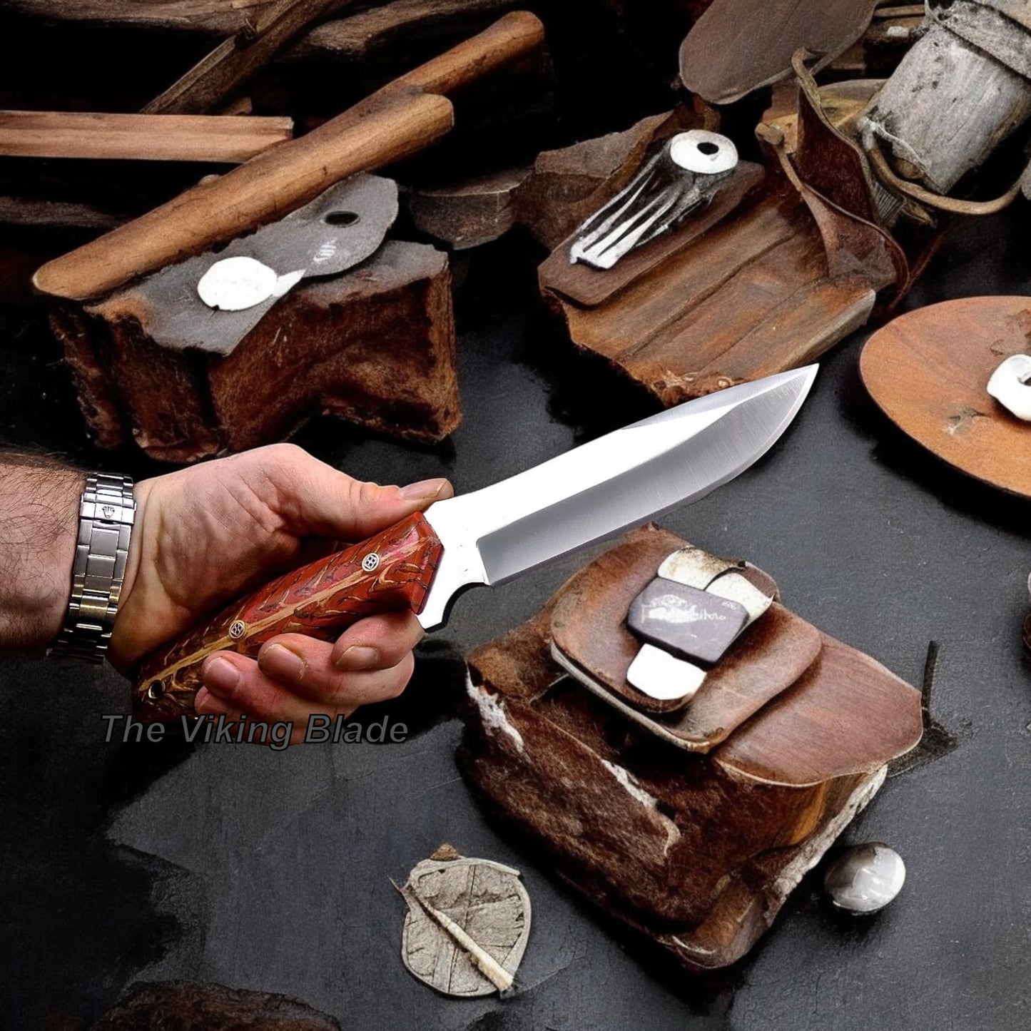 Custom Handmade PINE CONE Hunting Camping Sport Knife With Leather Sheath