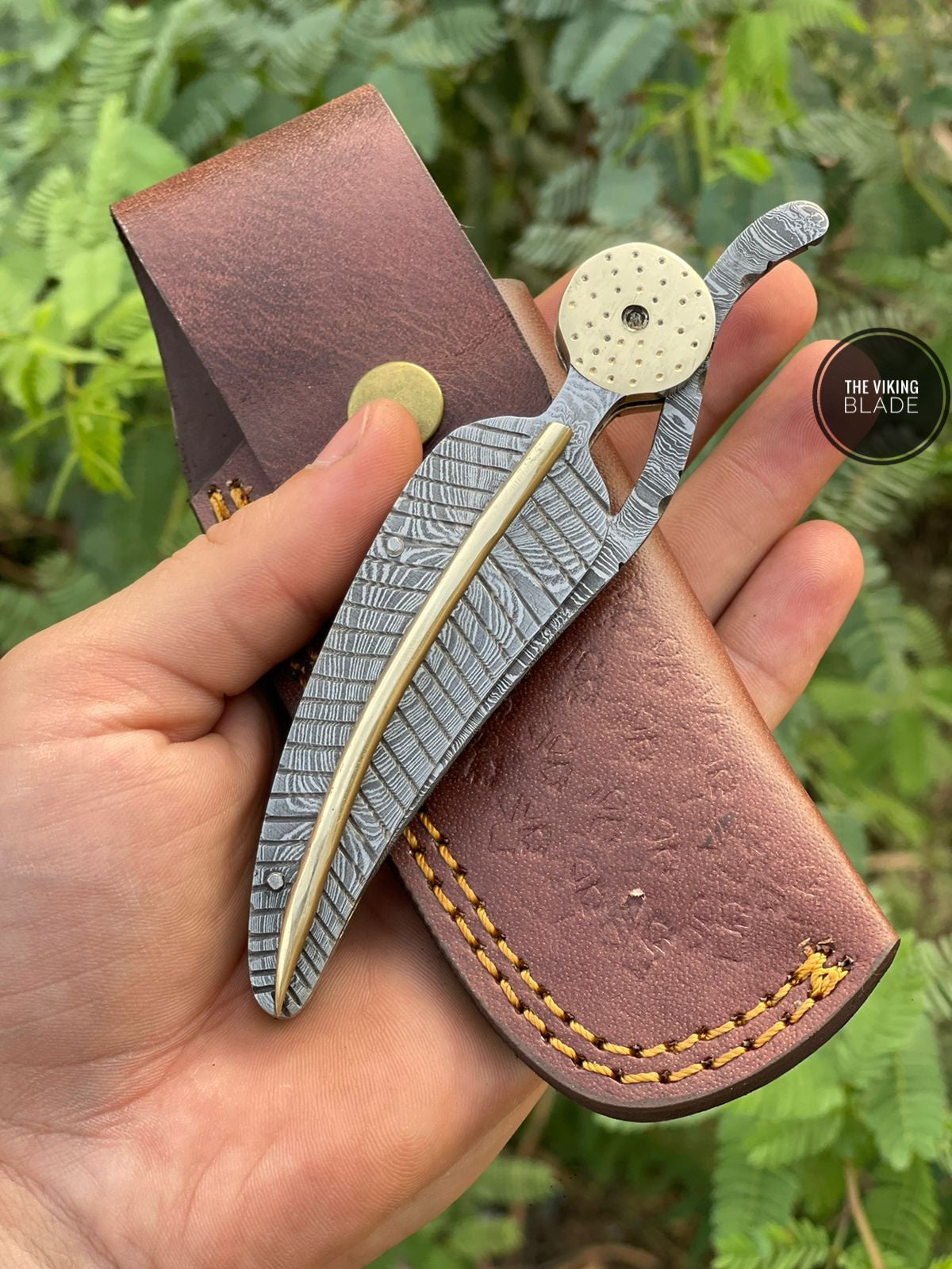 Damascus Folding Knife with Brass File Work – Handcrafted with Leather Sheath