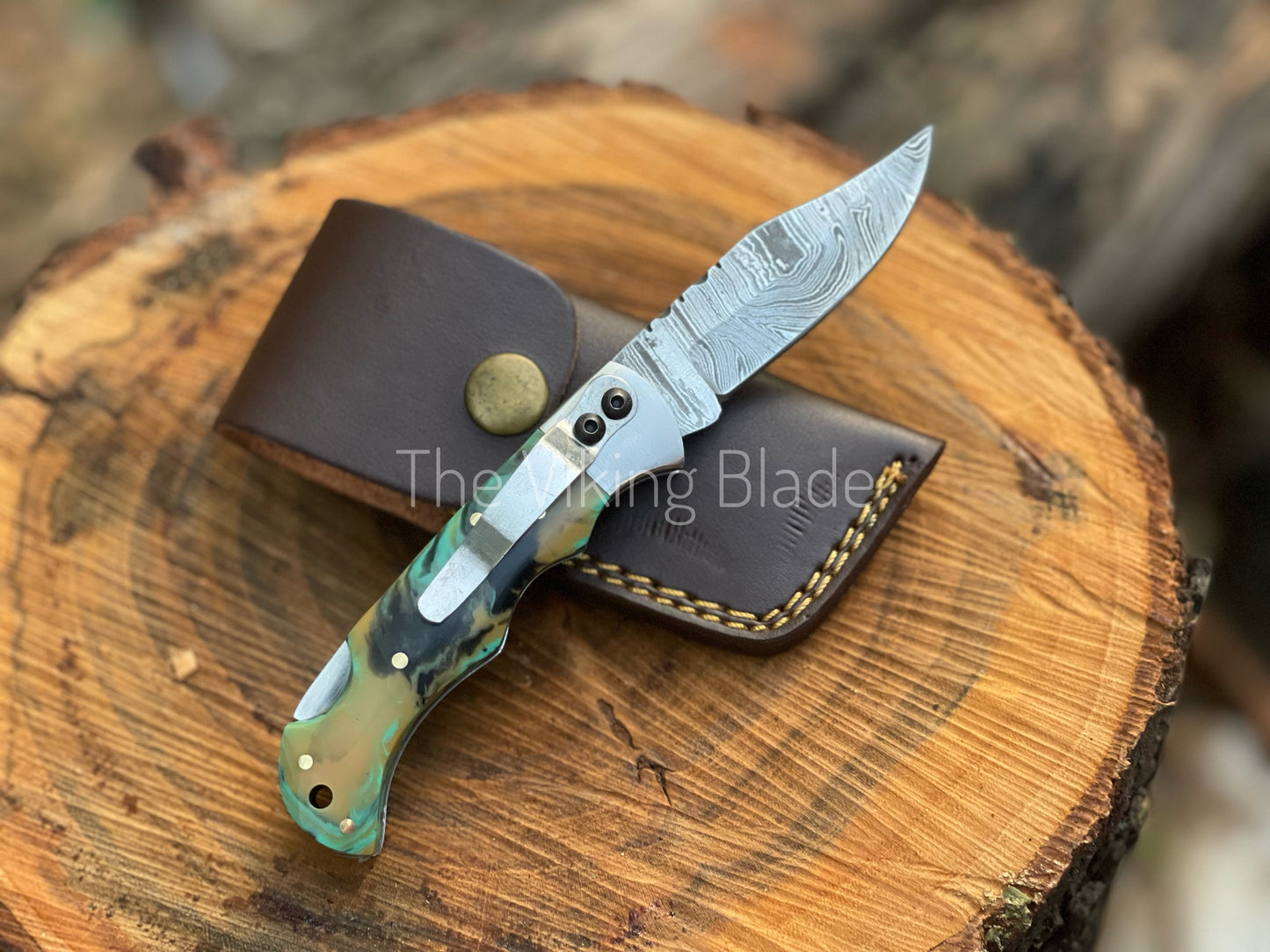 Custom Handmade Damascus Steel Folding Pocket Knife With Leather Pouch