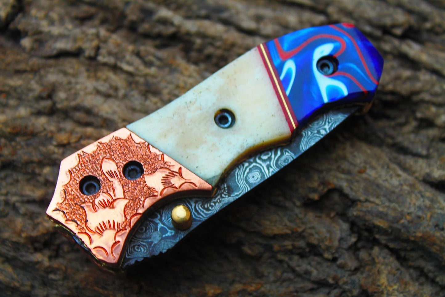 Handcrafted Damascus Steel Folding Pocket Knife with Leather Pouch