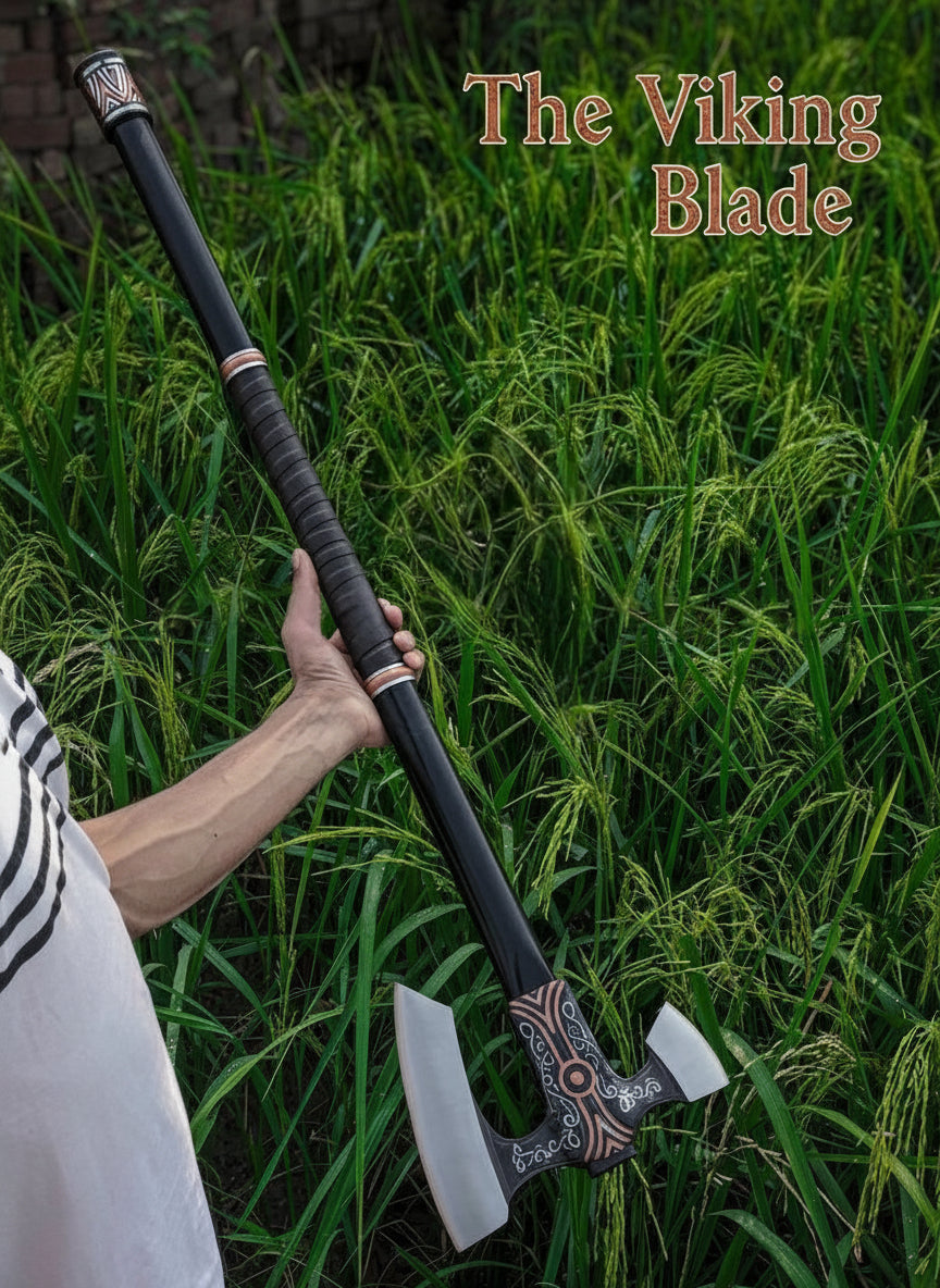 Person holding a decorative axe with 'The Viking Blade' text against a grassy background