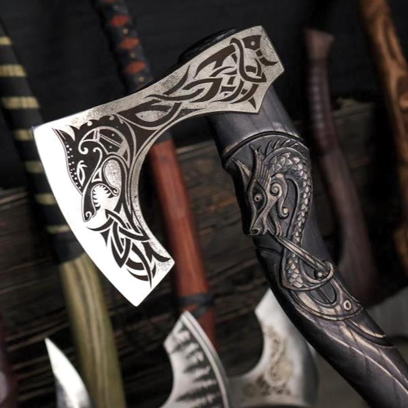 Decorative axe with intricate patterns on a dark background