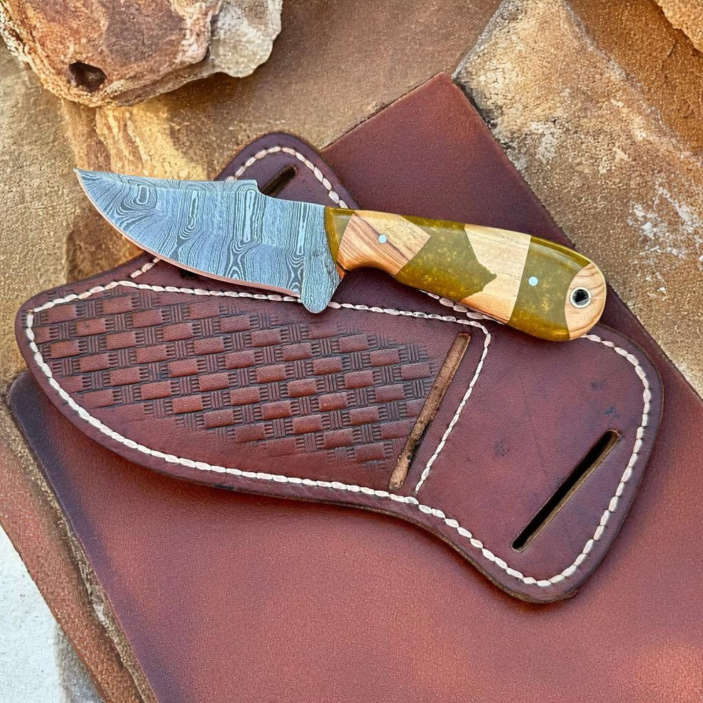 Handcrafted Cowboy Belt Knife Sheath with Damascus Steel Blade & Resin Wood Handle