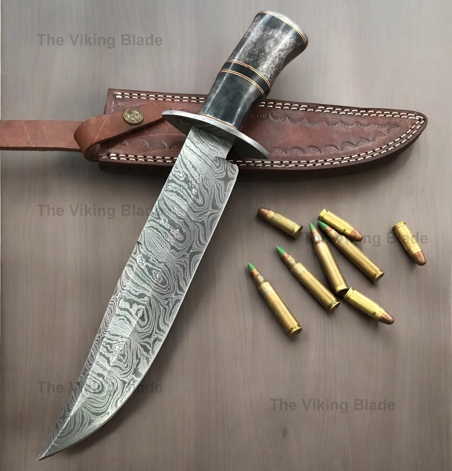 Handmade Damascus Steel 14 Inches Bowie Knife - Stained Bone Handle With Leather Sheath