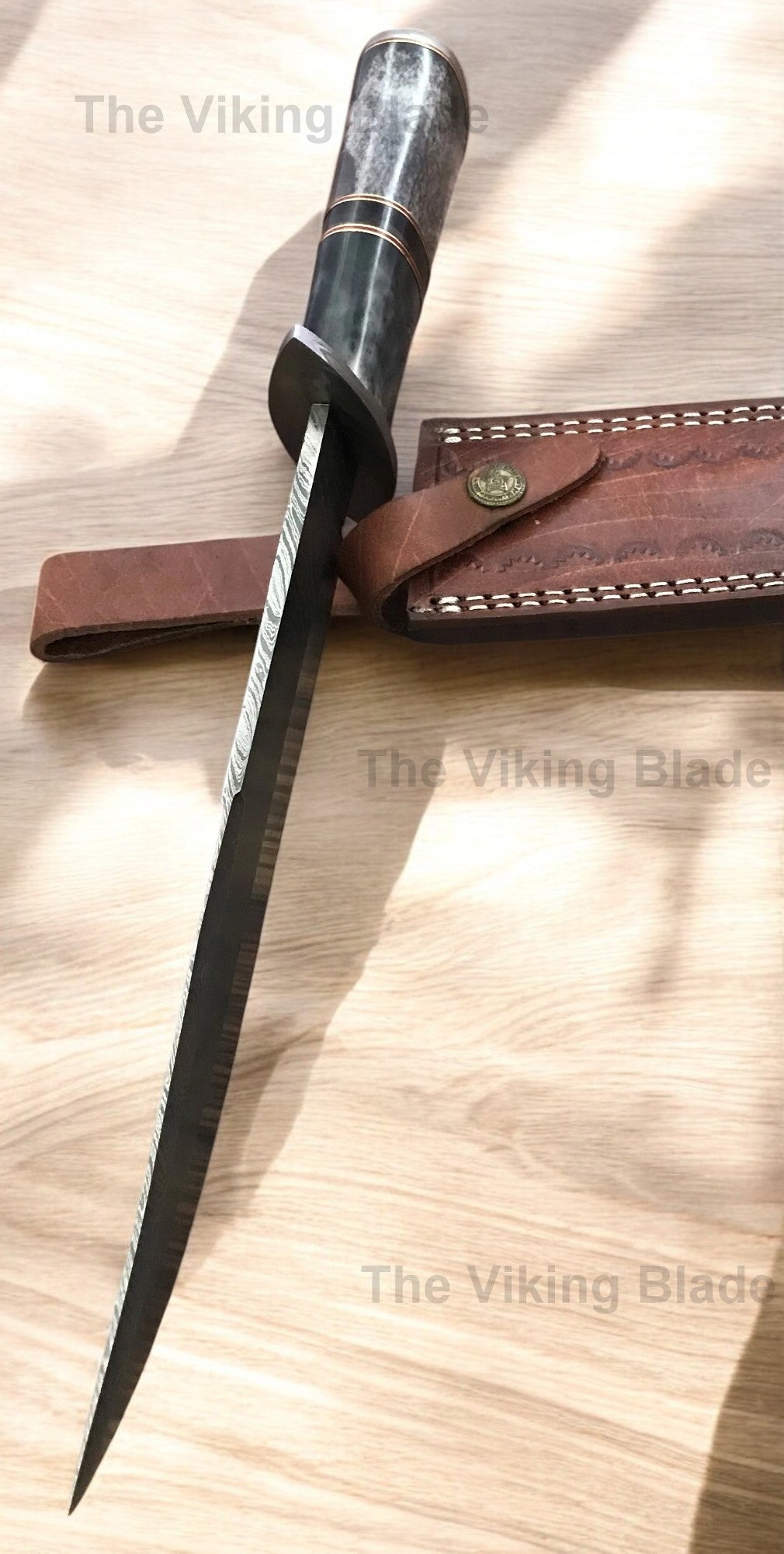 Handmade Damascus Steel 14 Inches Bowie Knife - Stained Bone Handle With Leather Sheath