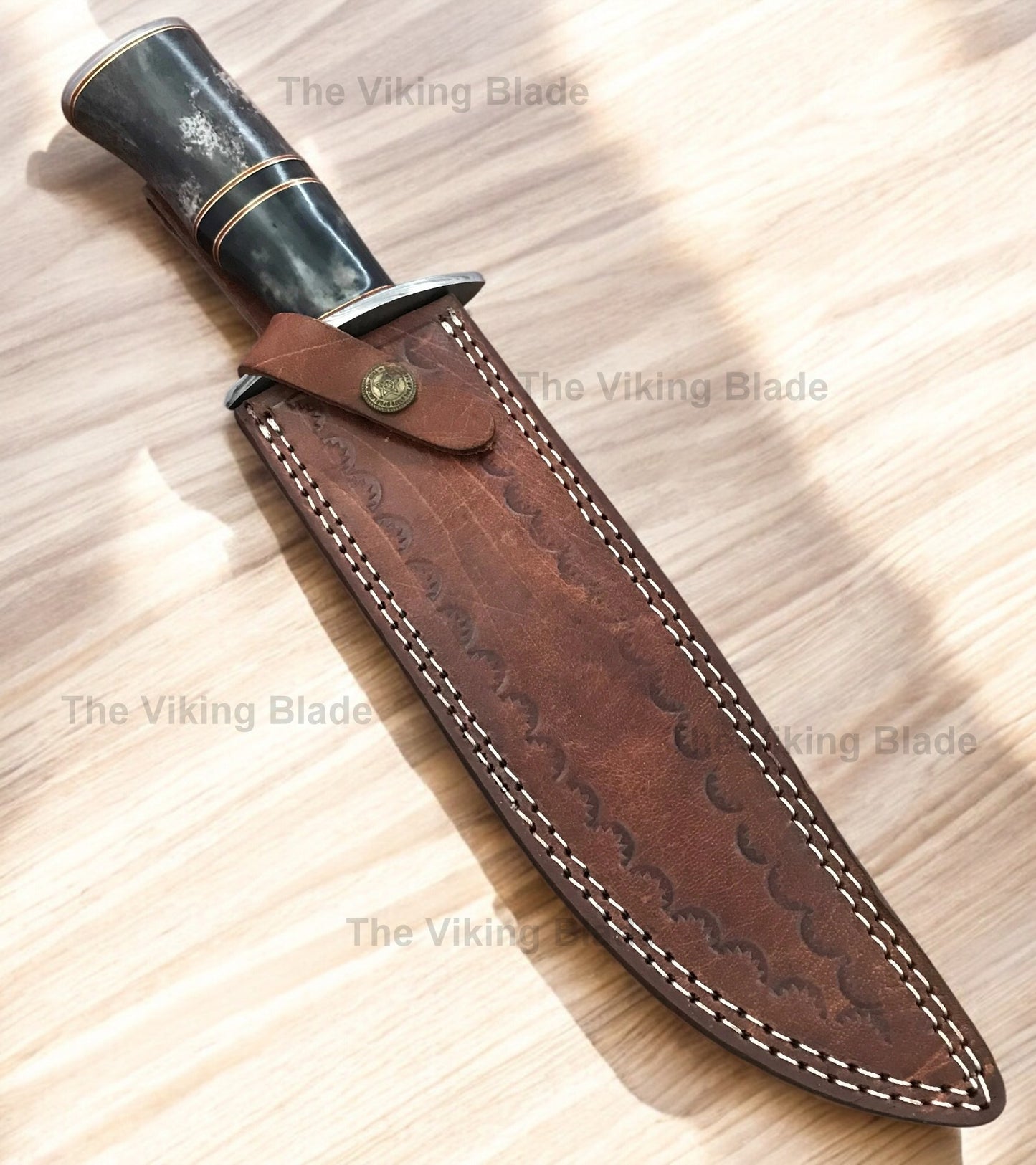 Handmade Damascus Steel 14 Inches Bowie Knife - Stained Bone Handle With Leather Sheath