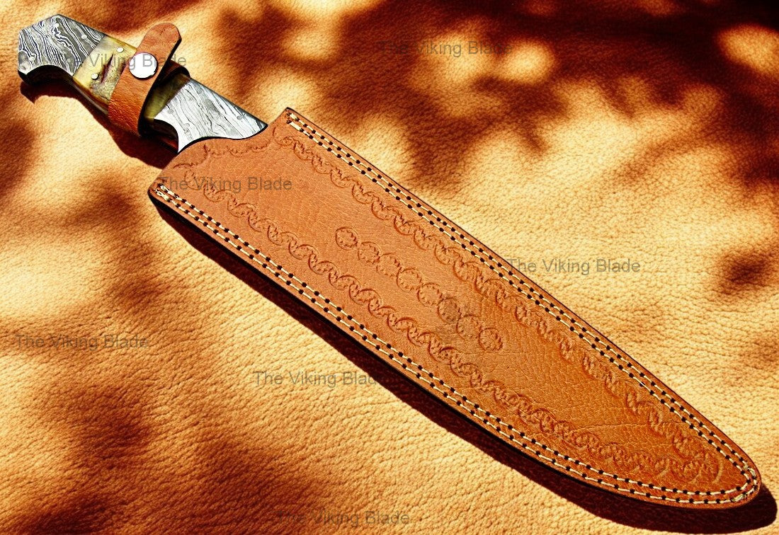 Handmade Damascus Steel 17 Inches Bowie Knife - Beautiful Lamb Horn Handle with Damascus Steel Bolsters With Leather Sheath