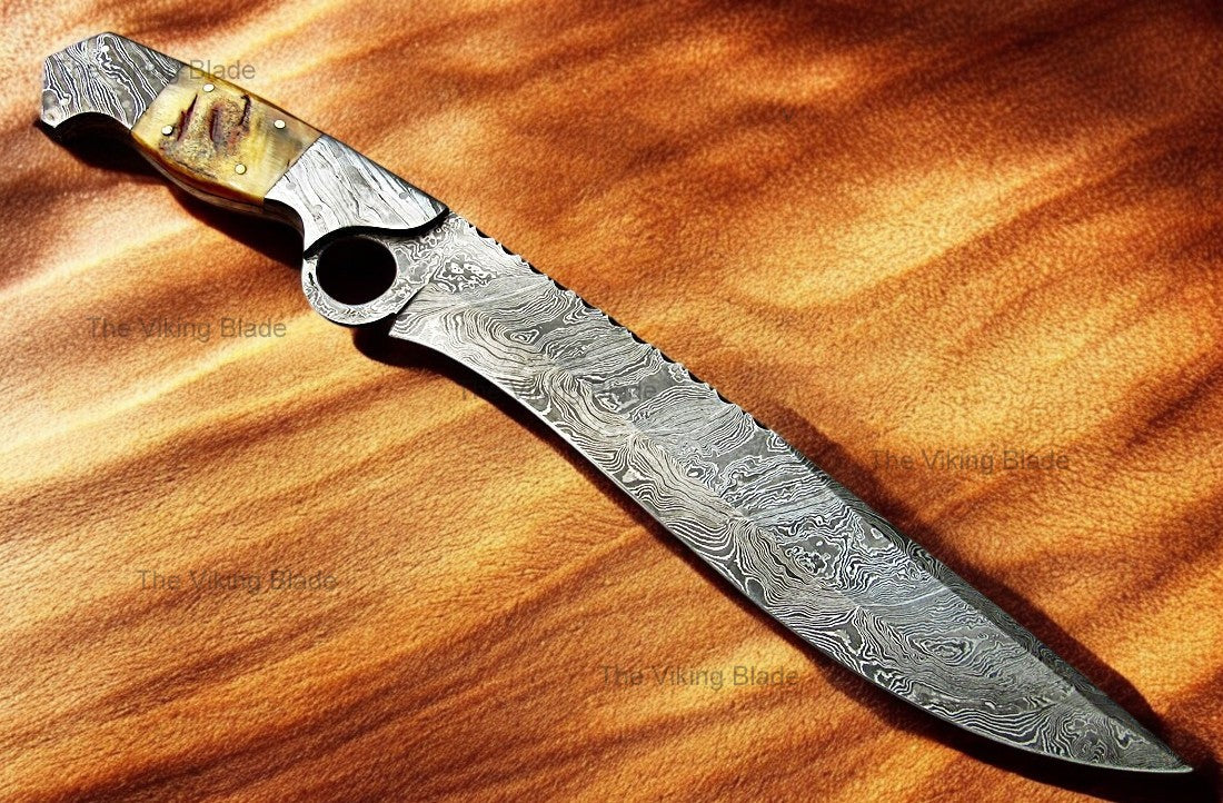 Handmade Damascus Steel 17 Inches Bowie Knife - Beautiful Lamb Horn Handle with Damascus Steel Bolsters With Leather Sheath