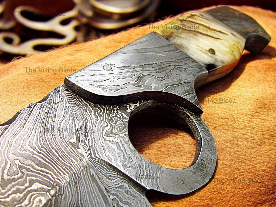 Handmade Damascus Steel 17 Inches Bowie Knife - Beautiful Lamb Horn Handle with Damascus Steel Bolsters With Leather Sheath