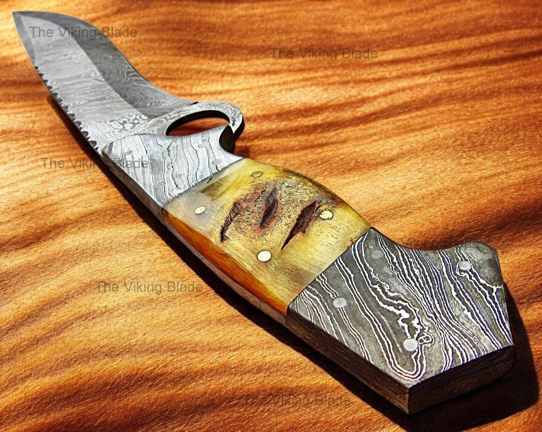 Handmade Damascus Steel 17 Inches Bowie Knife - Beautiful Lamb Horn Handle with Damascus Steel Bolsters With Leather Sheath