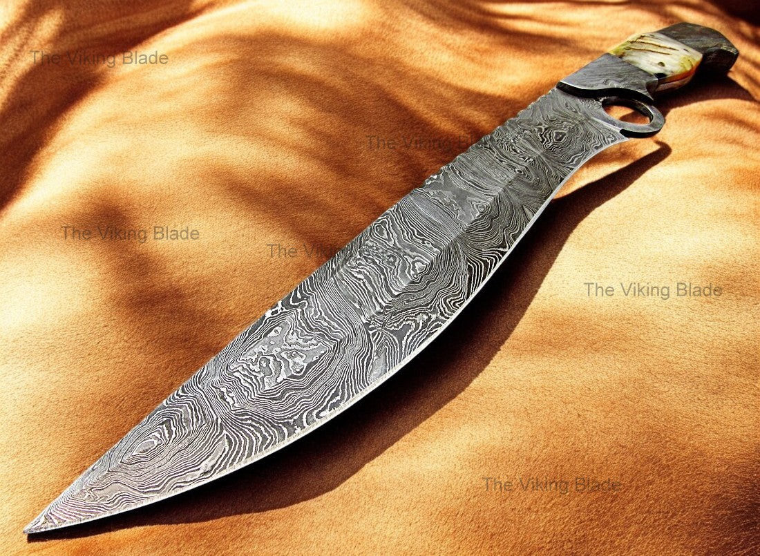 Handmade Damascus Steel 17 Inches Bowie Knife - Beautiful Lamb Horn Handle with Damascus Steel Bolsters With Leather Sheath