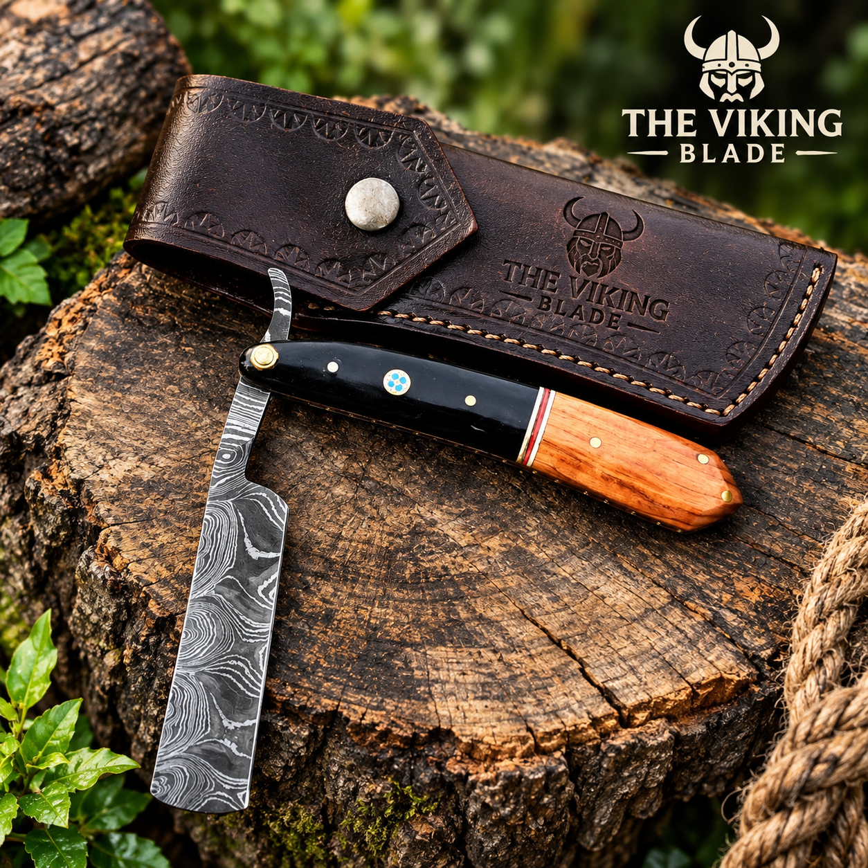 The Viking Blade Damascus Steel Straight Razor features premium layered steel, sharp edge retention, handcrafted design, and classic styling—perfect for shaving enthusiasts and collectors.