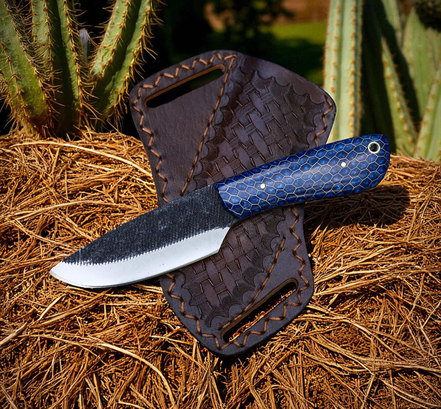 Knife with a blue handle and textured sheath on a natural background