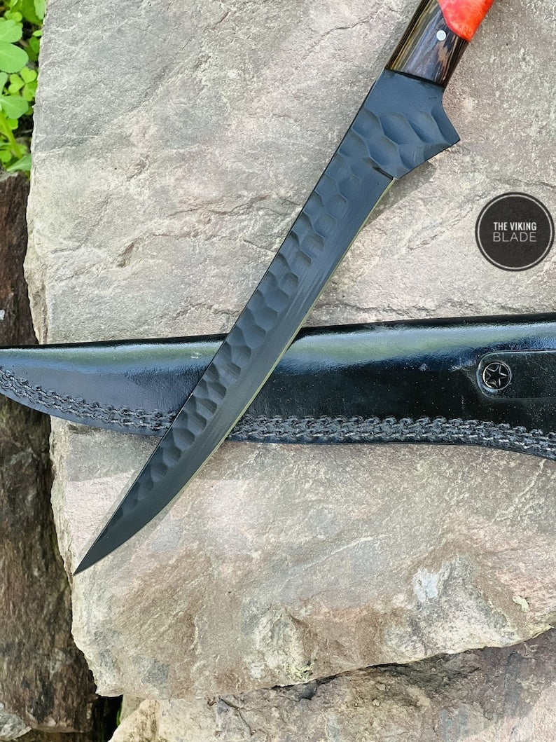 Handmade Forged Viking Hunting Camping Survival Chef Resin Fillet Knife With Leather Sheath | The Viking Blade |