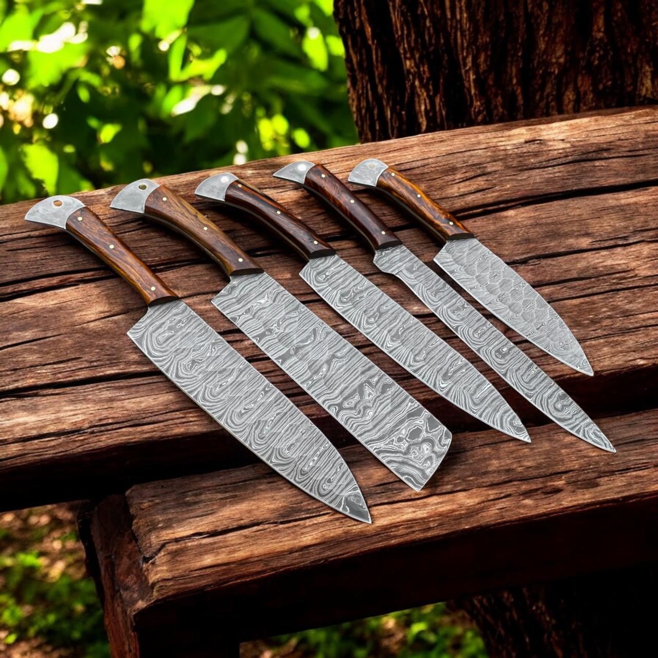 Custom Handmade Damascus Steel Chef Set With Leather Roll Kit