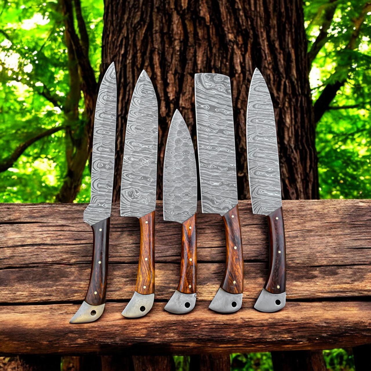 Custom Handmade Damascus Steel Chef Set With Leather Roll Kit