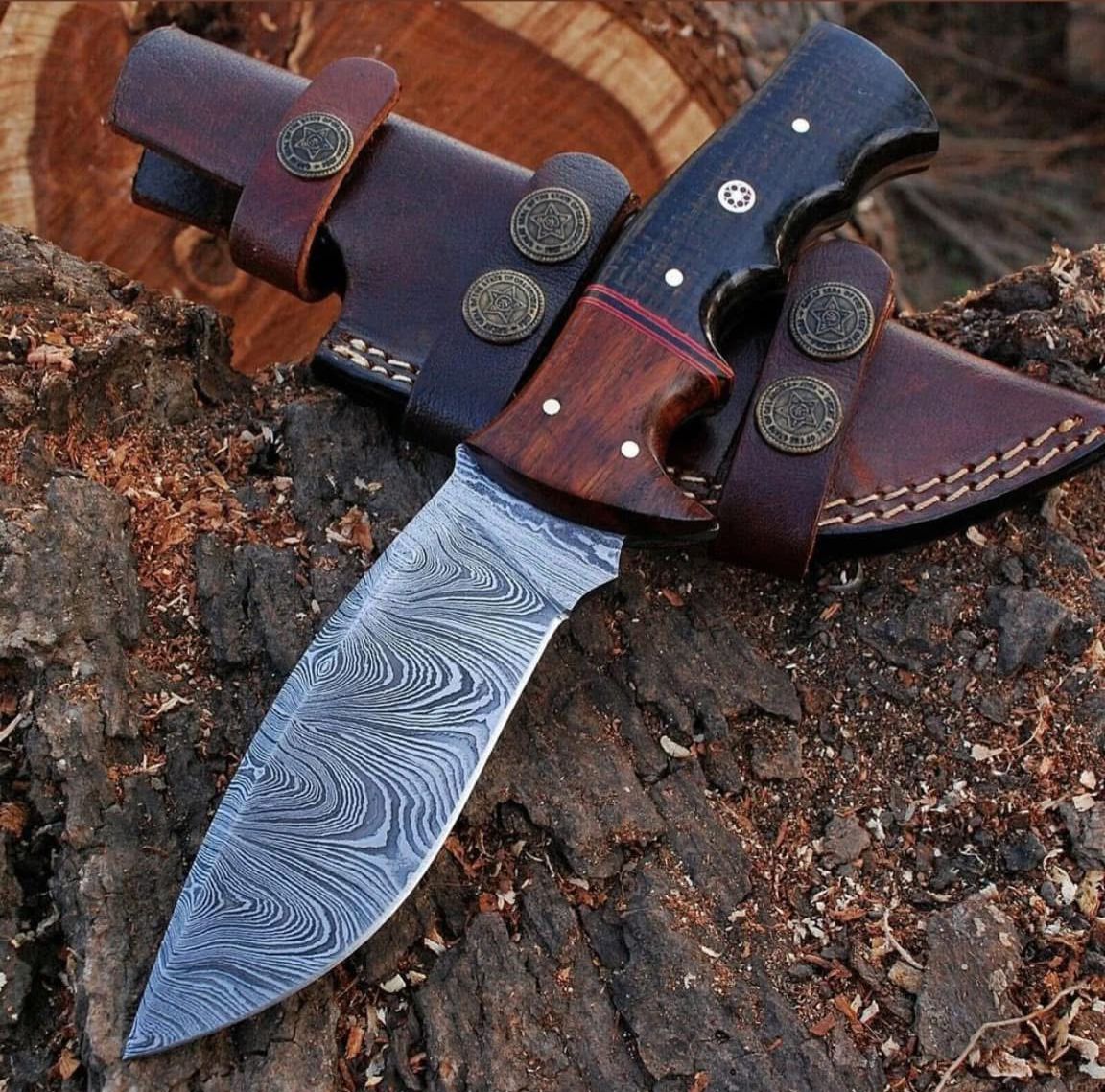 Custom Handmade Damascus Steel Gut Hook And Skinner Knife With Leather Sheaths