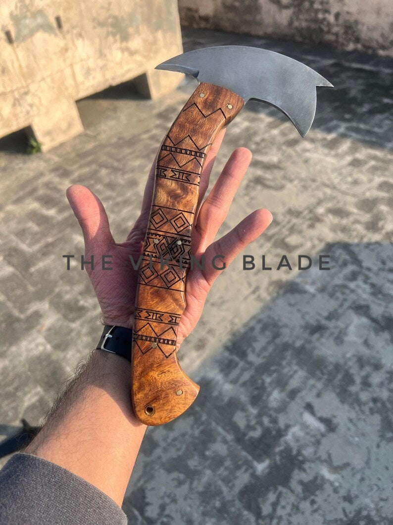Handcrafted Tomahawk Axe Tribal Etched Rosewood Handle, Carbon Steel Blade with Leather Sheath