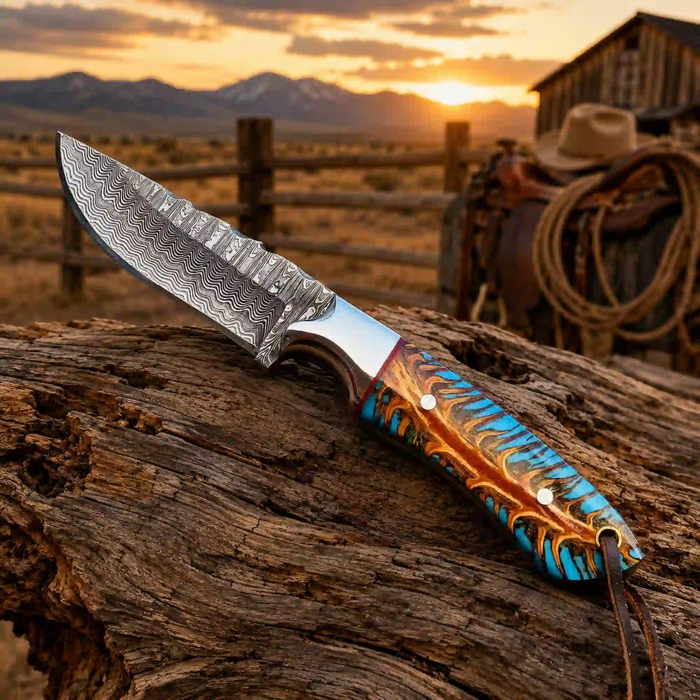 A custom fixed-blade knife with a Damascus steel blade and a vibrant turquoise, gold, and brown patterned handle, resting on a rustic log with a western sunset and ranch background.