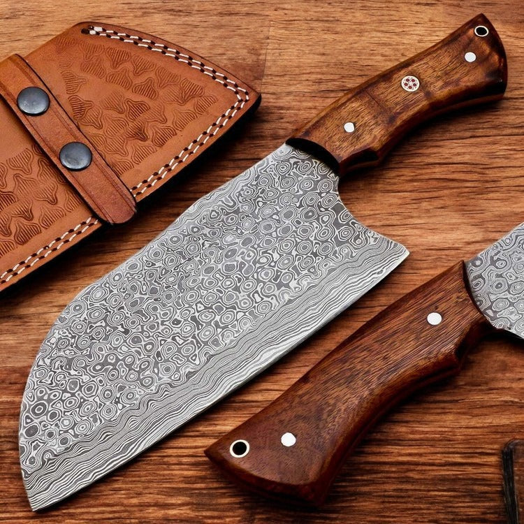 Custom Hand Forged Damascus Steel Cleaver Chef Knife Rain Drop Pattern With Leather Sheath