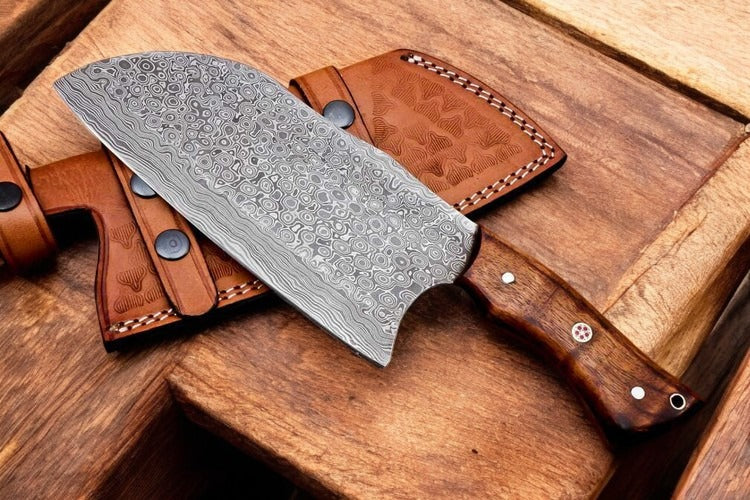 Custom Hand Forged Damascus Steel Cleaver Chef Knife Rain Drop Pattern With Leather Sheath