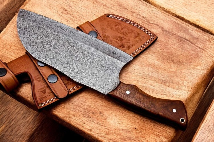 Custom Hand Forged Damascus Steel Cleaver Chef Knife Rain Drop Pattern With Leather Sheath