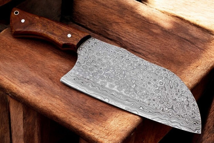 Custom Hand Forged Damascus Steel Cleaver Chef Knife Rain Drop Pattern With Leather Sheath