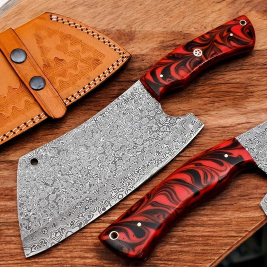 Custom Handmade Damascus Steel Kitchen Cleaver Knife With Leather Sheath