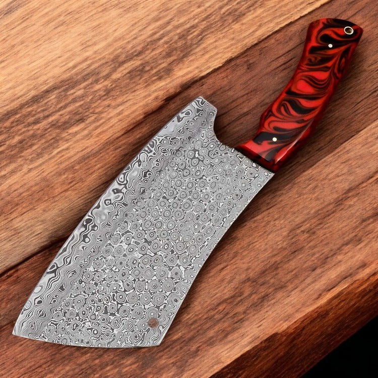 Custom Handmade Damascus Steel Kitchen Cleaver Knife With Leather Sheath