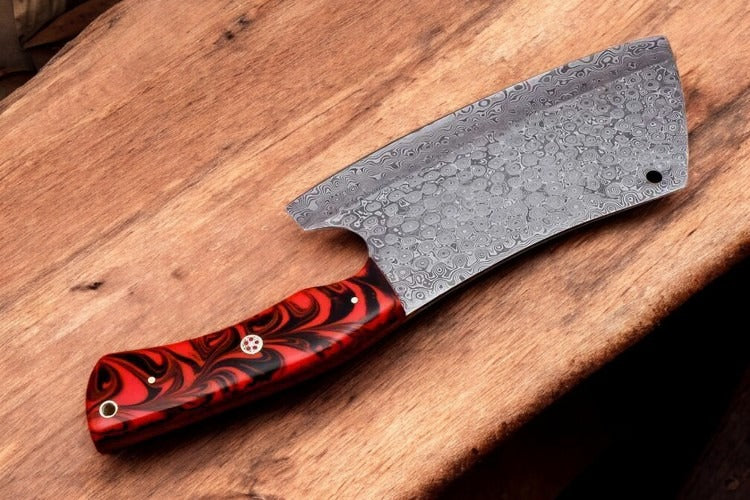 Custom Handmade Damascus Steel Kitchen Cleaver Knife With Leather Sheath