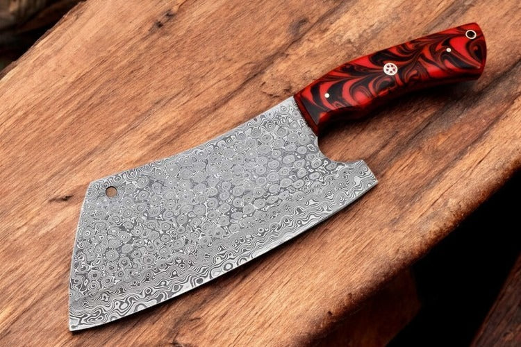 Custom Handmade Damascus Steel Kitchen Cleaver Knife With Leather Sheath