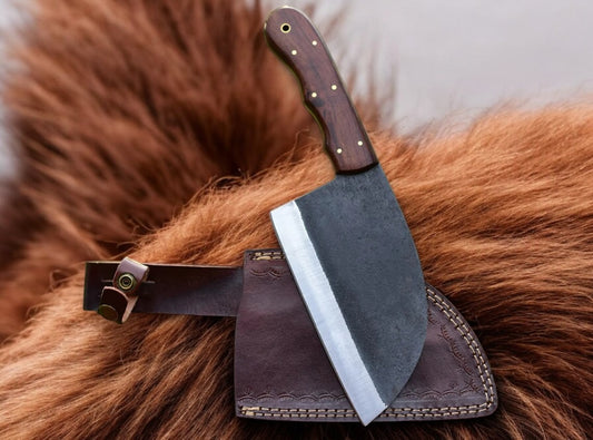 Handmade Carbon Steel Cleaver Knife With Leather Sheath