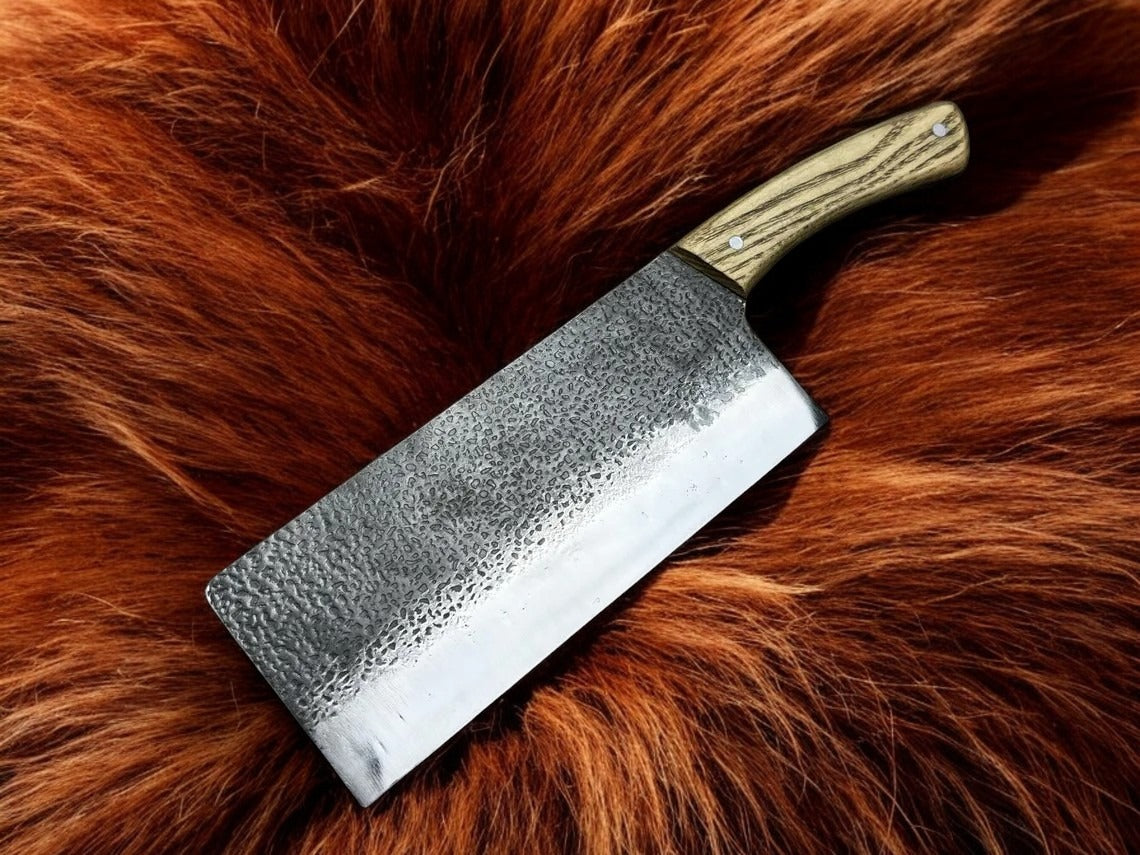 Chef Cleaver Razor Sharp Blade Hand Forged from Hardened Carbon 52100 Steel Ergonomic Ash Handle with Leather Sheath Chopper Knife