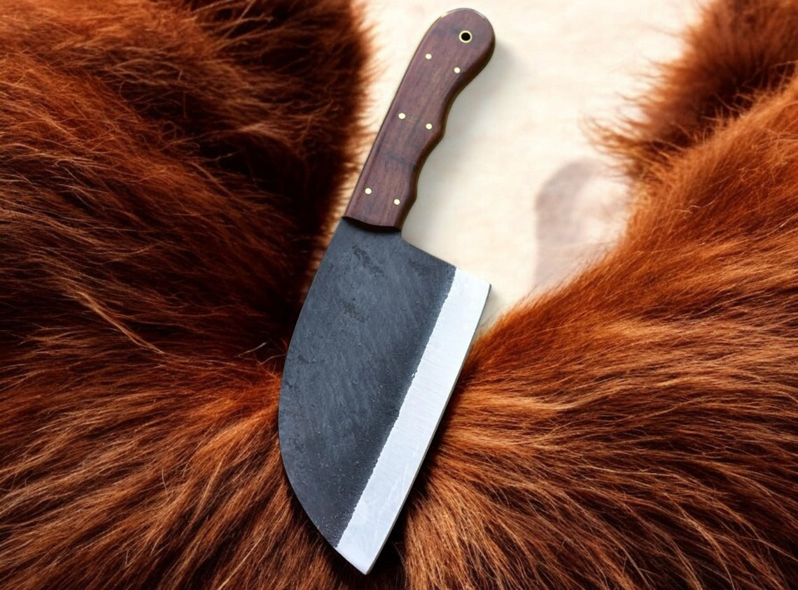 Handmade Carbon Steel Cleaver Knife With Leather Sheath