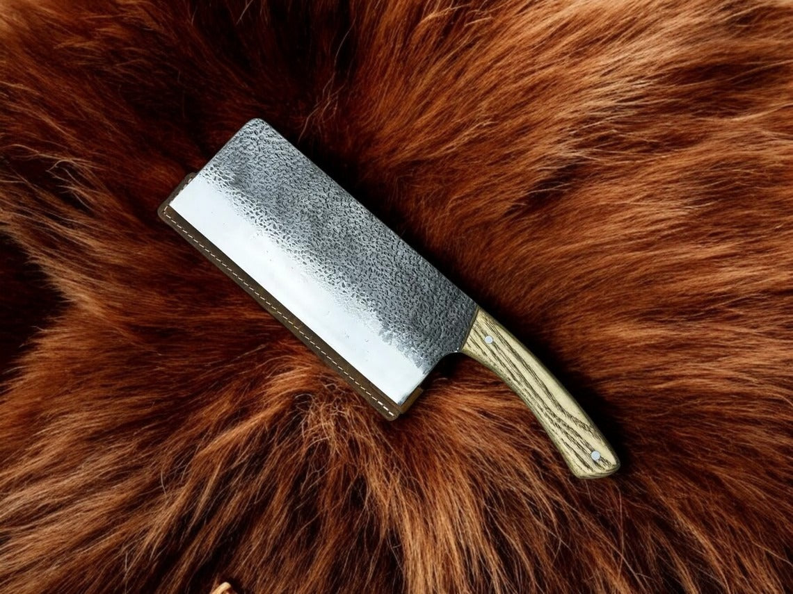 Chef Cleaver Razor Sharp Blade Hand Forged from Hardened Carbon 52100 Steel Ergonomic Ash Handle with Leather Sheath Chopper Knife