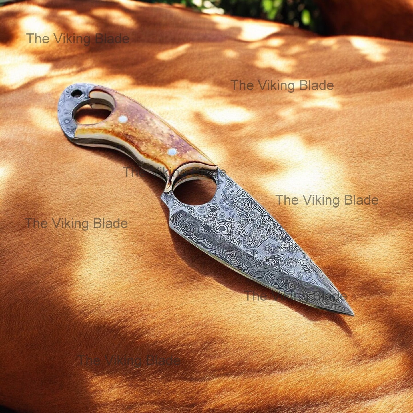 RingTail Hunting Knife – Tinted Camel Bone Handle – Full Tang – Ultimate Outdoor Companion With Leather Sheath