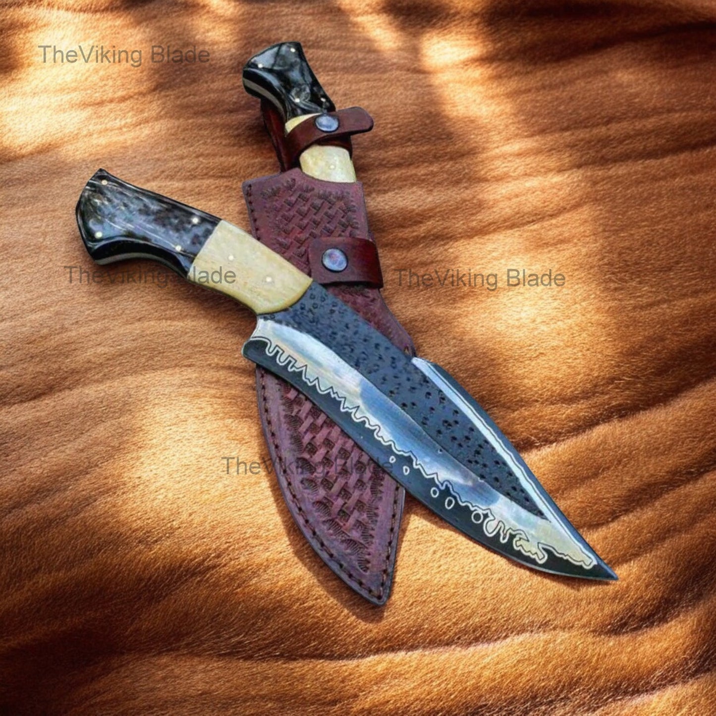 Hunting Bowie Knife with D2 steel blade- Camel Bone & Bull Horn handle With Leather Sheath