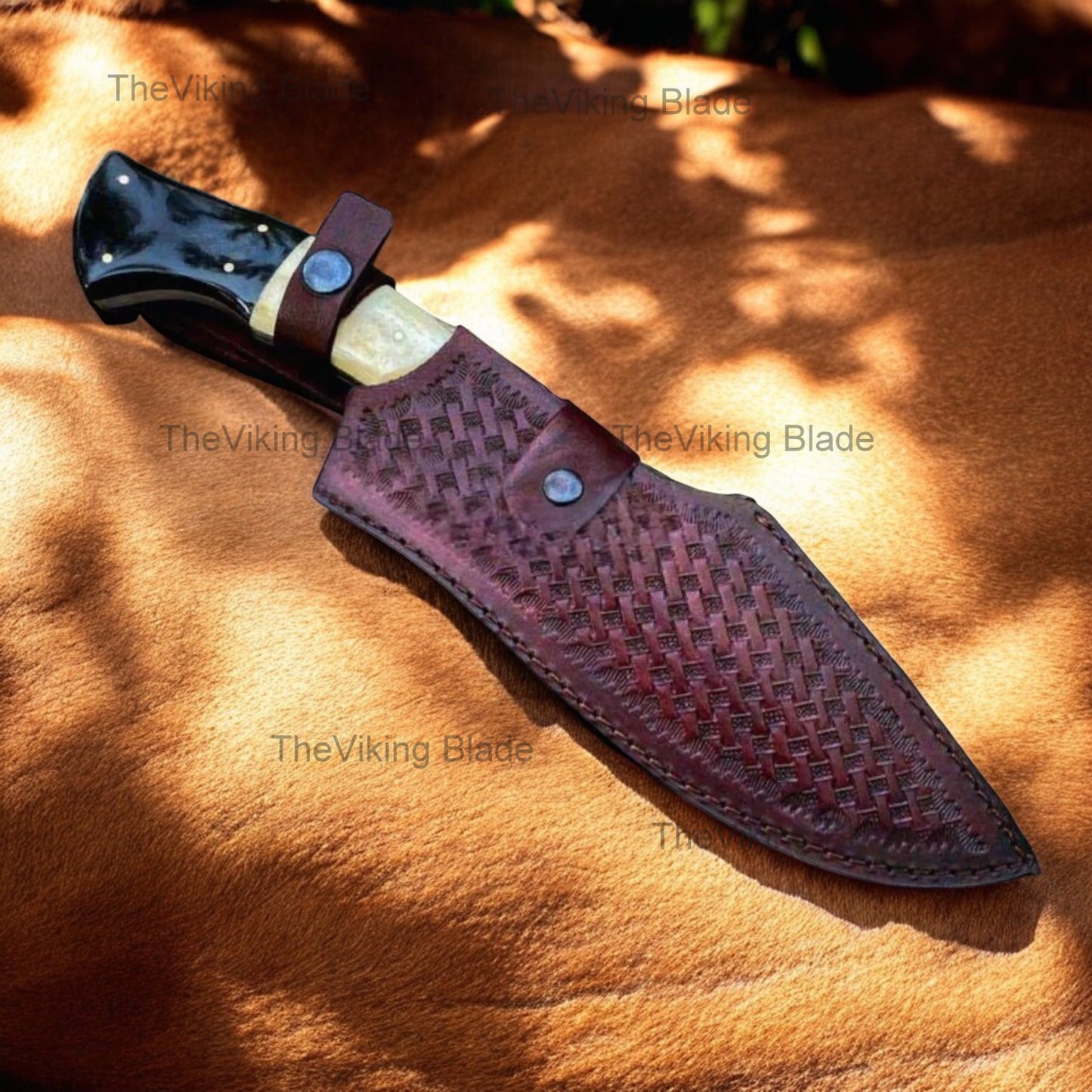 Hunting Bowie Knife with D2 steel blade- Camel Bone & Bull Horn handle With Leather Sheath