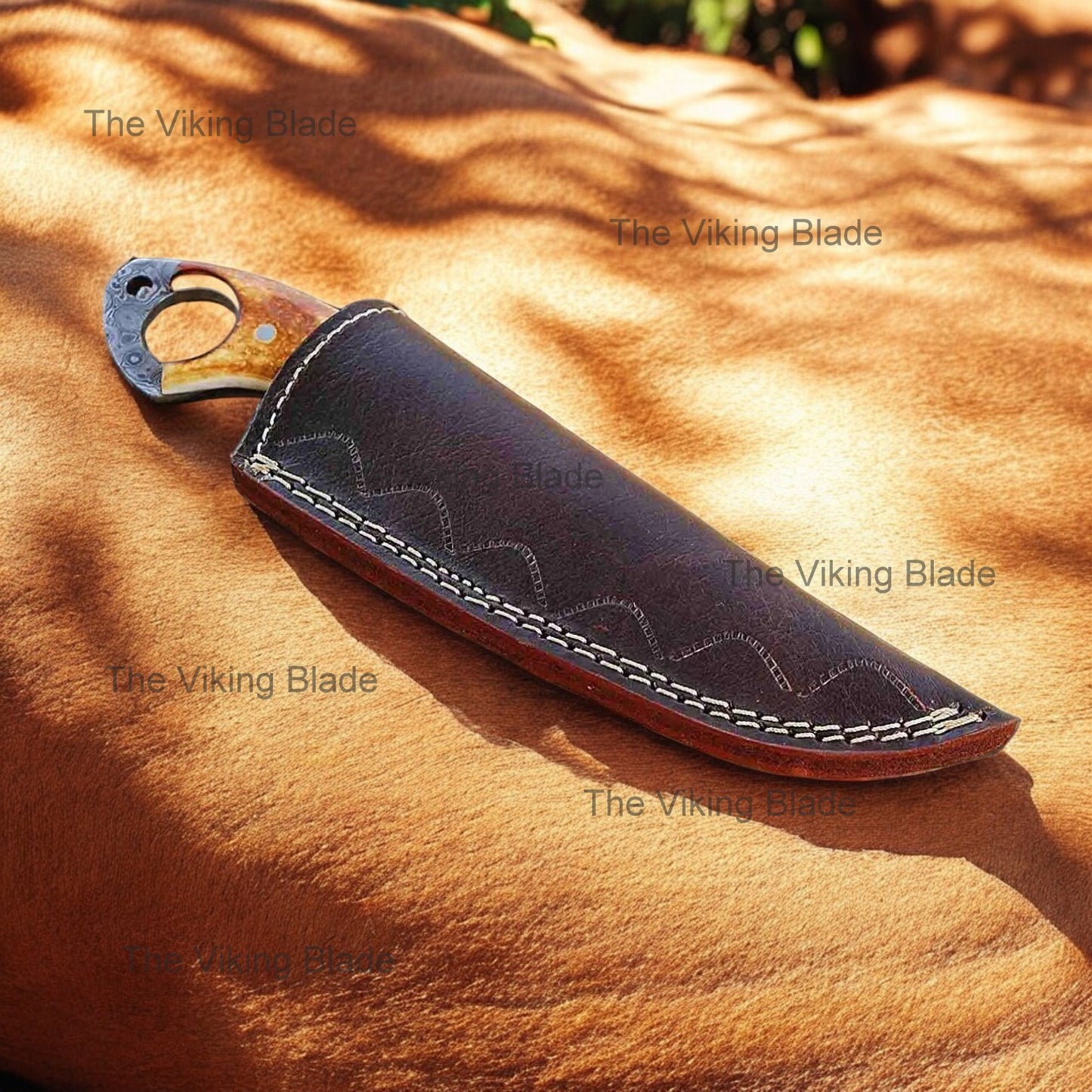 RingTail Hunting Knife – Tinted Camel Bone Handle – Full Tang – Ultimate Outdoor Companion With Leather Sheath