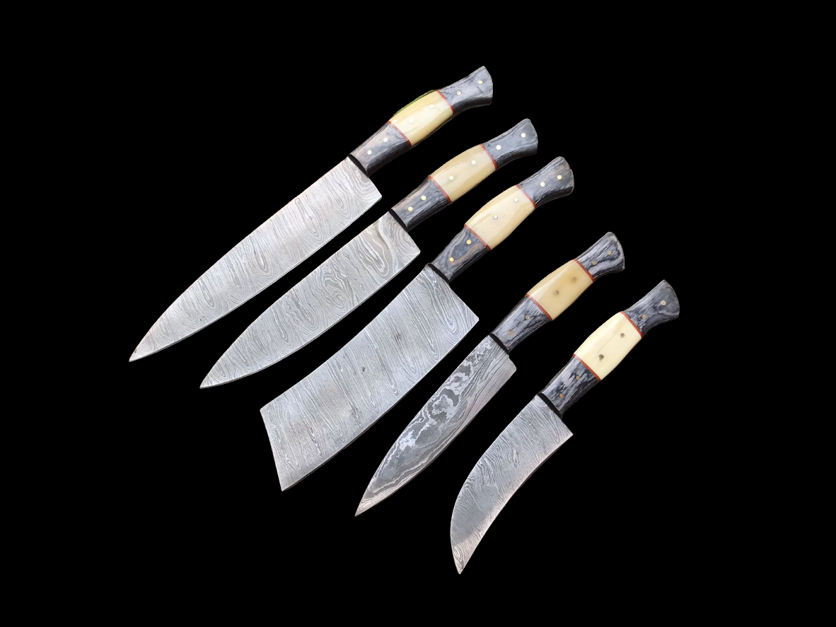 Hand Forged Damascus Steel Kitchen Knives Chef Set With Leather Roll Kit