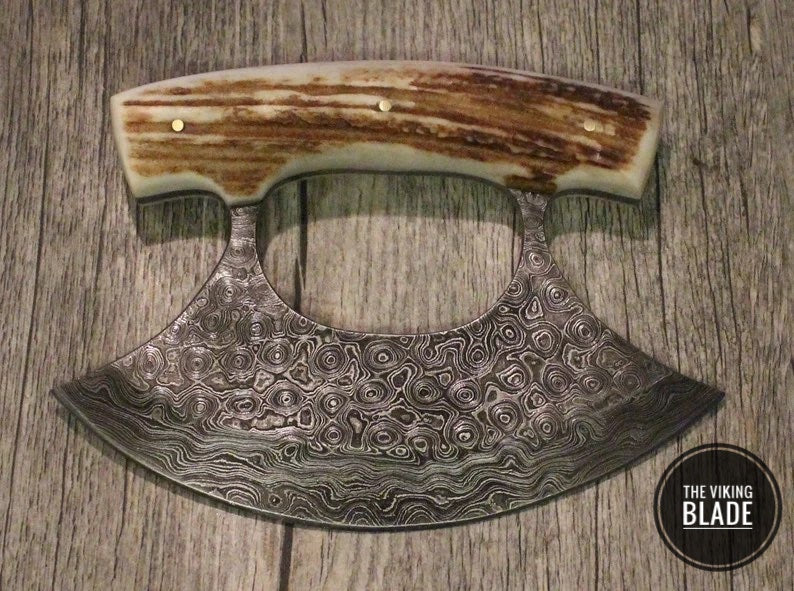 Custom handmade Damascus steel chef Ulu knife with leather sheath