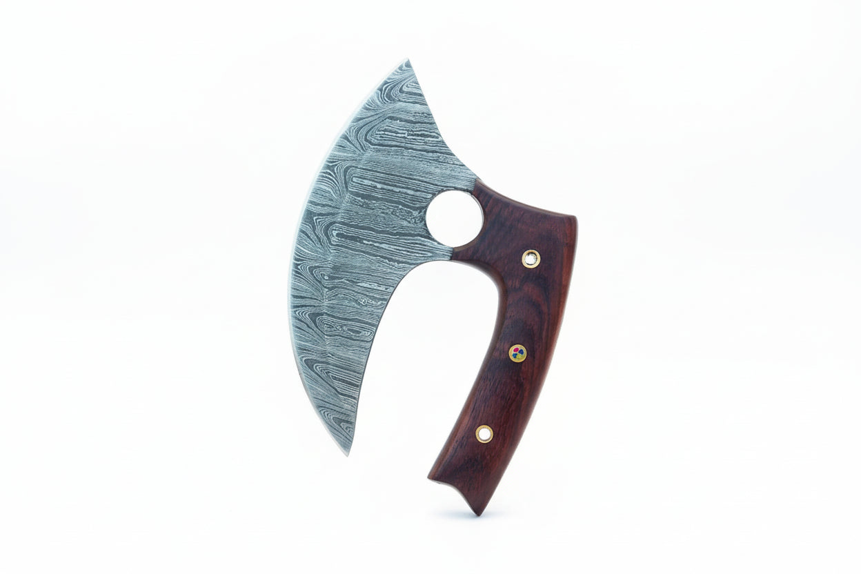 Handmade Damascus steel ulu knife with wooden handle, Viking style curved kitchen chopper for vegetables, meat and herbs.