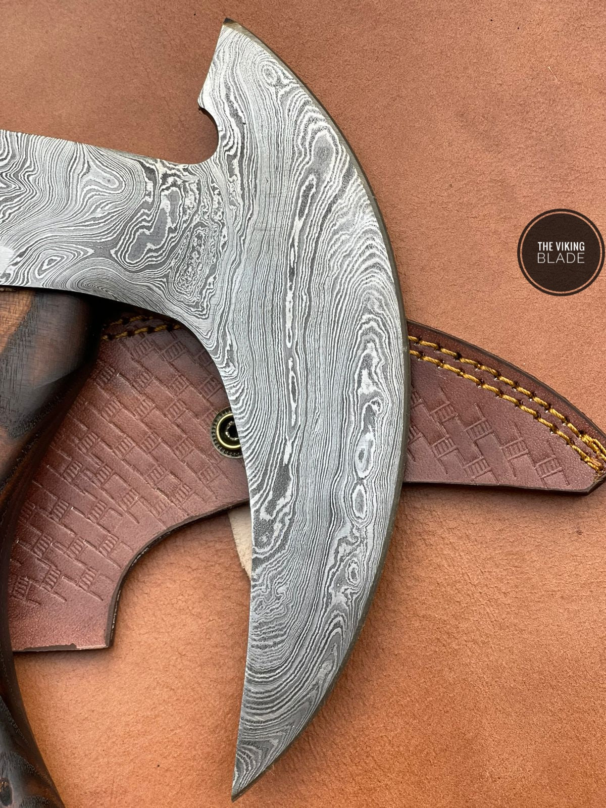 Handmade Damascus pizza axe premium Viking style kitchen cutter with wooden handle and durable sharp blade.