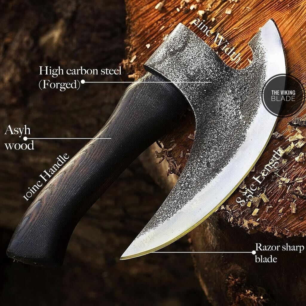 Handmade high carbon Damascus steel pizza cutter axe with etched finish and ash wood handle.