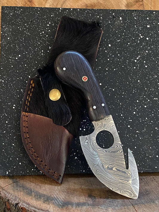 Custom Handmade Damascus Steel Gut Hook Skinner Knife With Leather Sheath