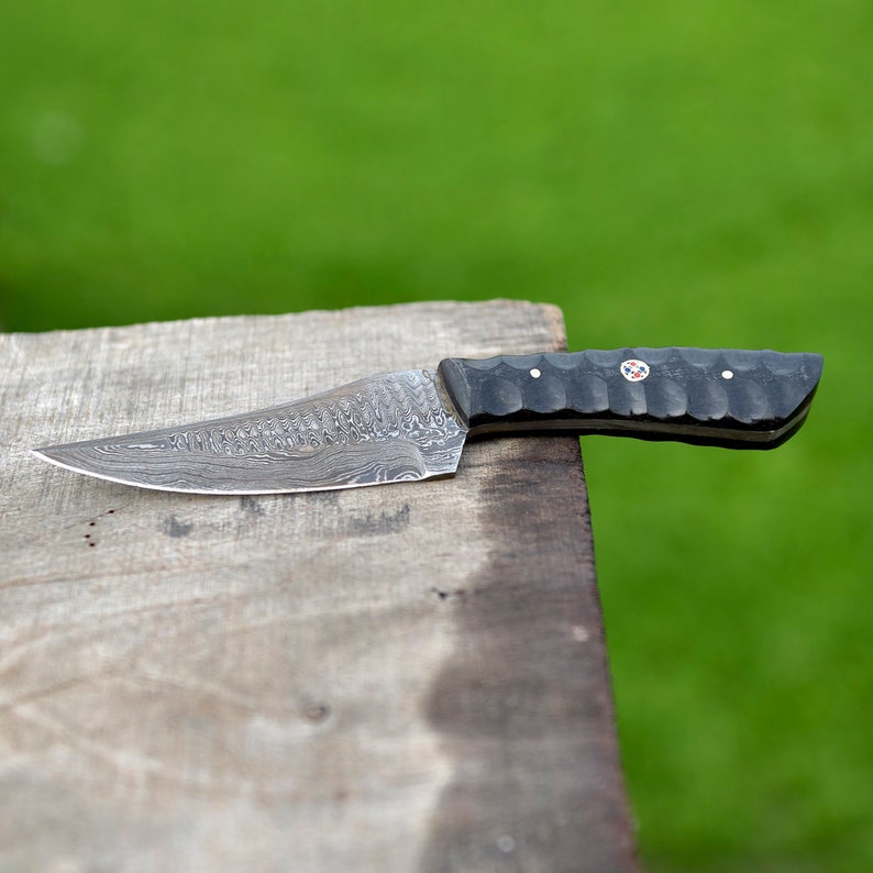 Bone Daddy Damascus Steel Deer Skinner Knife - Collectible Full Tang Fixed Blade Outdoor Knife with Leather Sheath