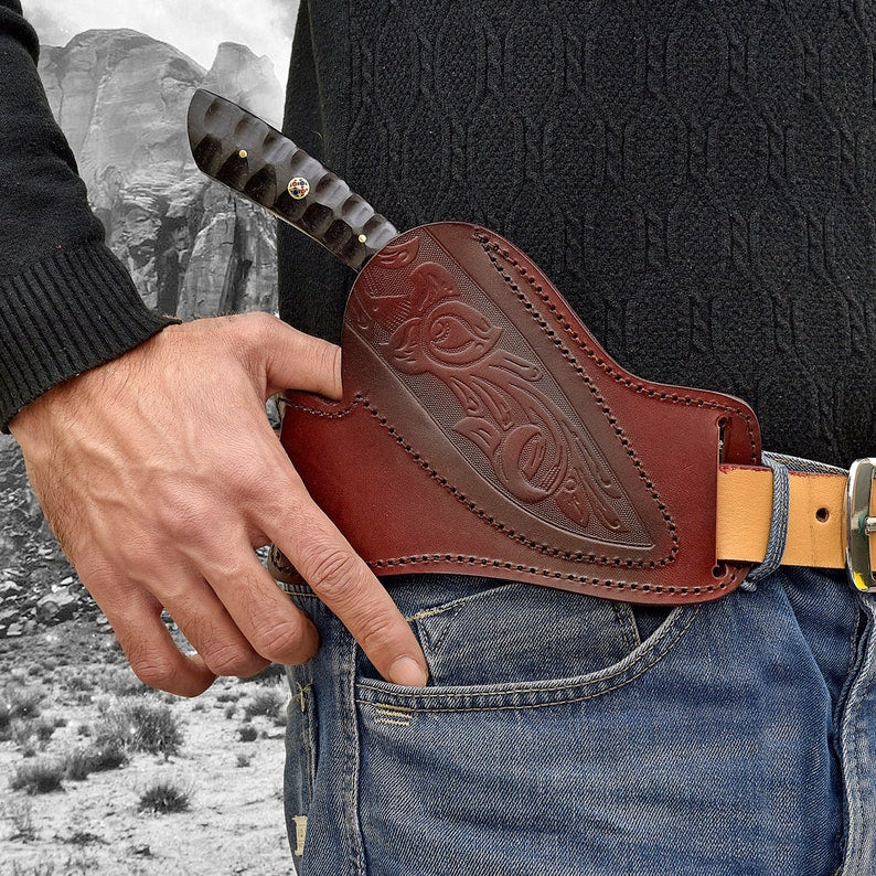 Bone Daddy Damascus Steel Deer Skinner Knife - Collectible Full Tang Fixed Blade Outdoor Knife with Leather Sheath