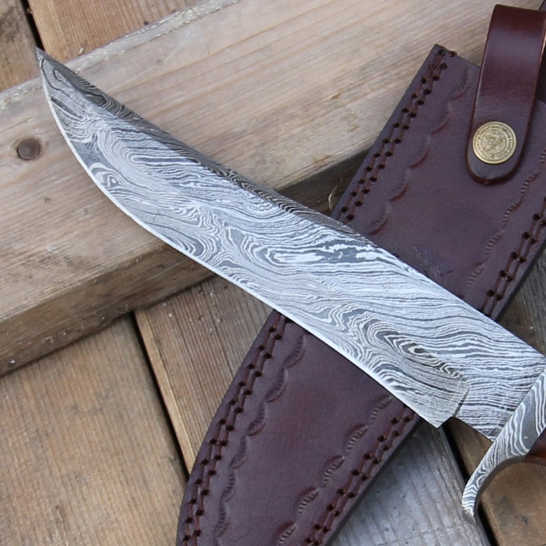 Custom Forged Damascus Steel Outdoor Knife with Leather Sheath by Hunt For Life