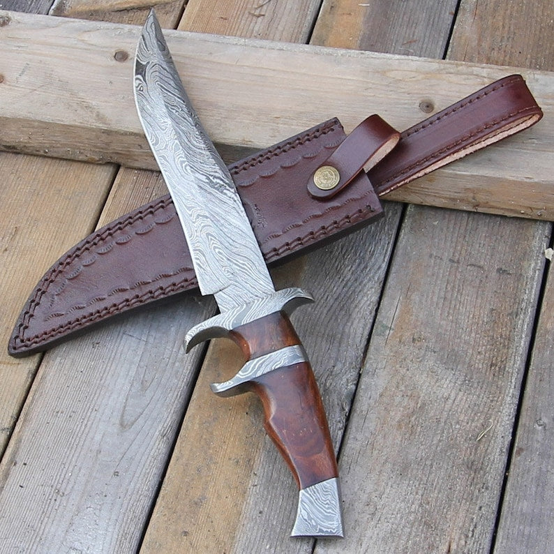 Custom Forged Damascus Steel Outdoor Knife with Leather Sheath by Hunt For Life